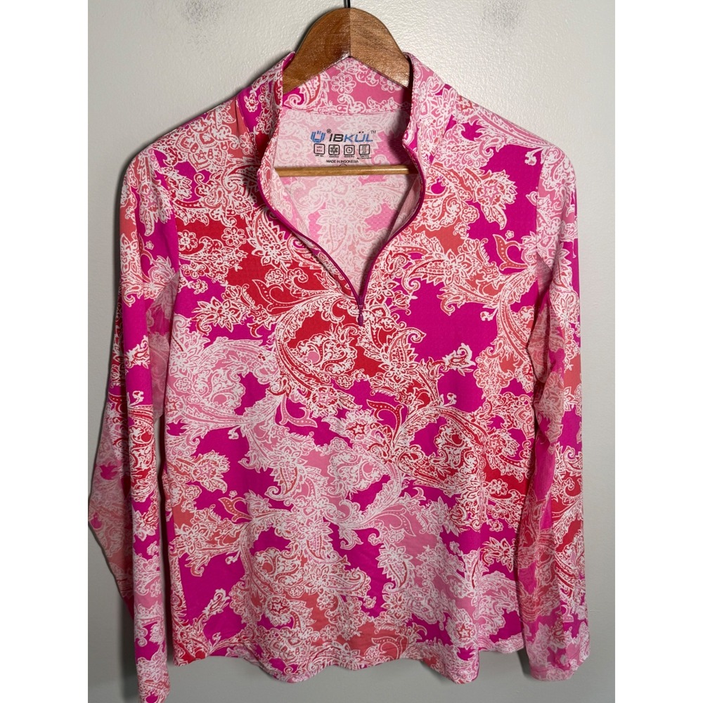 IBKUL Womens Pink Paisley Quarter Zip Long Sleeve Sun Shirt UPF 50+ Size M
